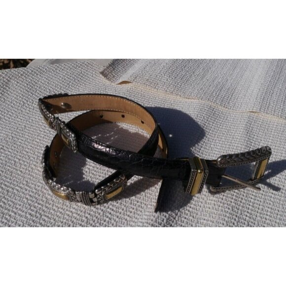 BRIGHTON Black Leather Croco Belt Silver & Gold Metal Accents Style 44203 Size S main image 4